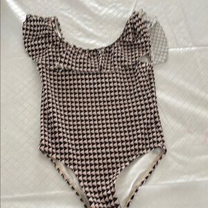 Janie and Jack Black and White bathing suit with Ruffled Neckline